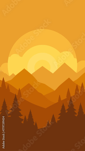 Silhouette of mountains and trees at sunset landscape