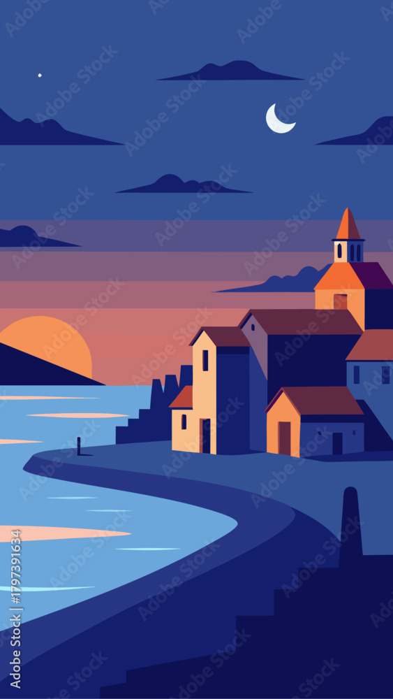 Naklejka premium Illustration of coastal village at dusk with moon and sun