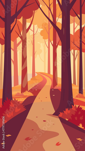 Autumnal forest path with trees and fallen leaves view