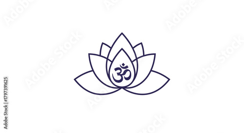 Outline of a lotus flower with the Om symbol in the center all in a dark blue color on a white background
