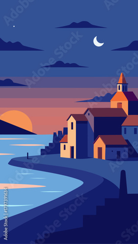 Illustration of coastal village at dusk with moon and sun