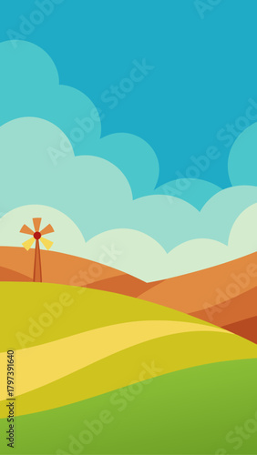 Cartoon landscape with windmill and rolling hills under sky