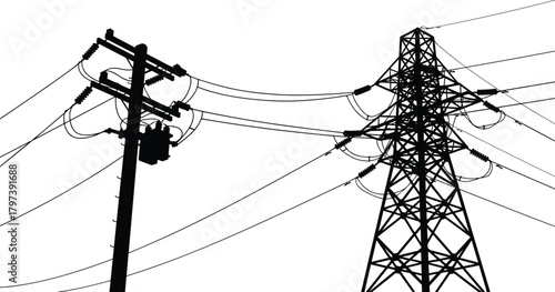 Silhouette vector illustration of electrical transformers, utility poles, and transmission towers—energy grid infrastructure layout for power distribution and engineering reference
