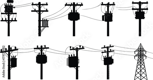 Silhouette vector illustration of electrical utility poles, transformers, and transmission towers—energy grid infrastructure layout for power distribution and engineering reference