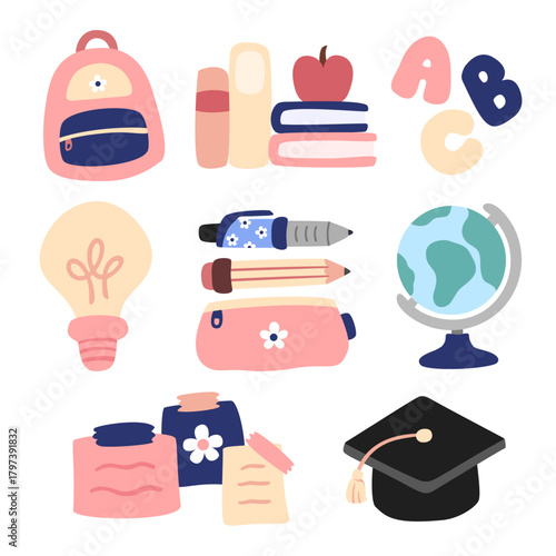 Back to school elements set with cute bag, books, apple, alphabet, bulb, stationery, pencil, pen, pencil case, globe, notes, and mortarboard