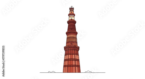 Reddishbrown Qutub Minar tower stands tall in an illustration on a white backdrop