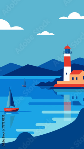 Illustration of lighthouse and sailboats on a seascape