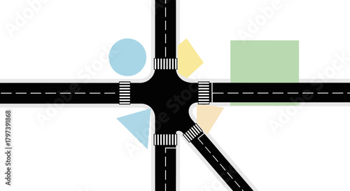 Road intersection with black asphalt crosswalks and geometrical shapes in pastel colors