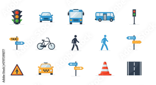 Road transportation elements displayed traffic lights vehicles signs pedestrians road