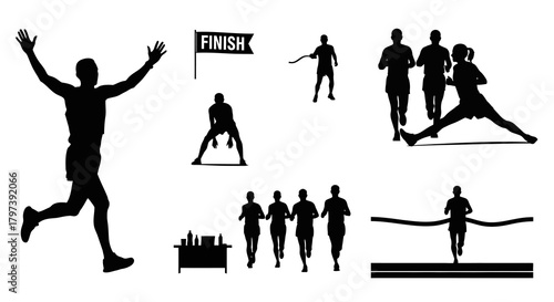 Silhouettes of runners finish line flag  supplies table at a race event