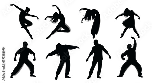Silhouetted dancers in dynamic poses set against a stark white backdrop