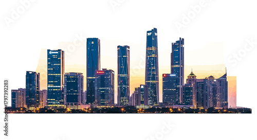 Skyline illustration with illuminated tall buildings during sunset silhouetted against a bright warm sky