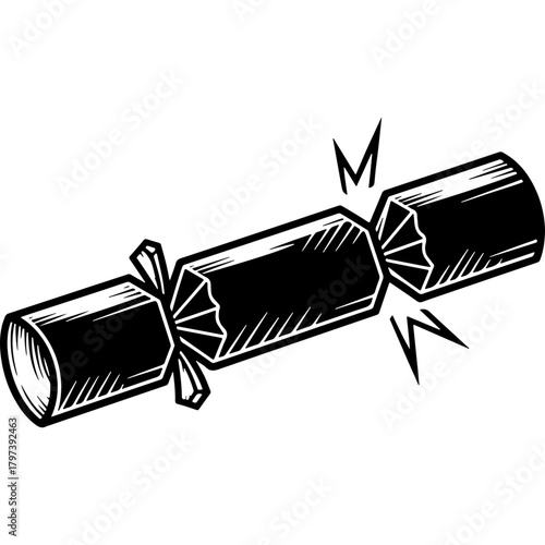 Classic Woodcut Style Christmas Cracker Popping Vector Illustration. Vintage Holiday Party Graphic Asset for Winter Season Celebrations.