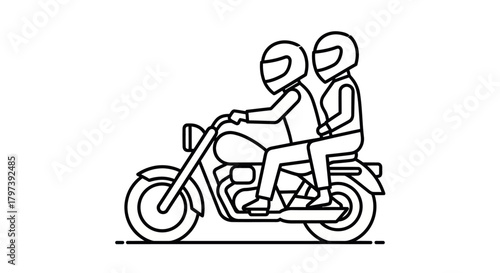 Motorcycle with Two Riders: Line Art Illustration of a Classic Bike.
