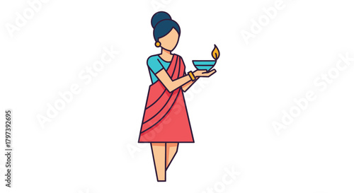 Illustration of an Indian woman in a traditional red sari holding a lit diya oil lamp.