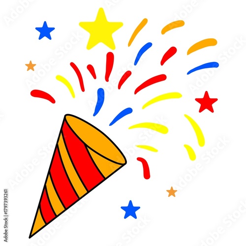 Colorful new year celebration icon set featuring champagne bottles,party hats,fireworks,confetti poppers and festive decoration,hand drawing cartoon style with bright colors