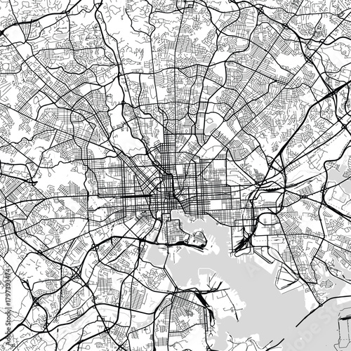 Baltimore City Map a clean monochrome plan combines a structured grid and subtle linework to convey an organized urban blueprint begin of sentence, emphasizing refined linework, with balanced.