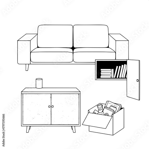 “Design a minimalist black-and-white furniture layout featuring four isolated objects: a modern two-seat sofa, a side table holding a rice cooker and cup, a textured topographic-patterned cabinet, and