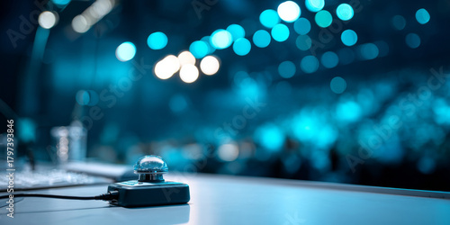 Close-up of a quiz buzzer on a table with blurred audience and stage lights in the background during a game show event