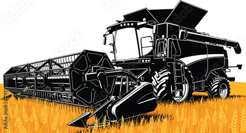 Harvesting wheat with combine harvester agricultural machinery vector eps silhouette