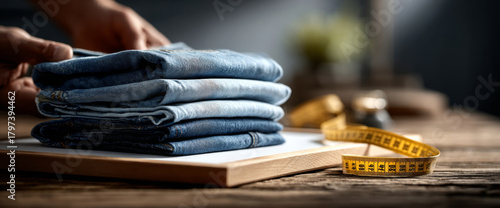 Stack of folded denim jeans on wooden surface with yellow measuring tape and blurred background in tailoring or fashion workspace
