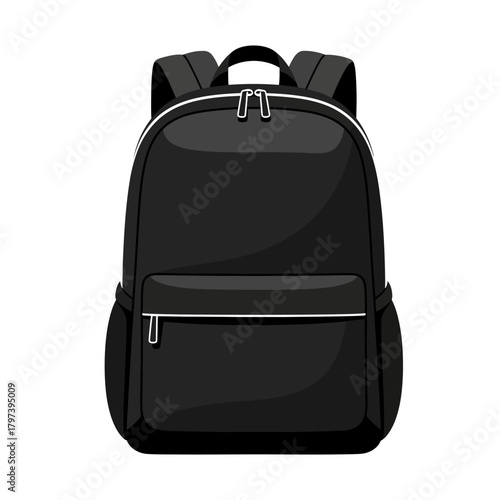 A sleek black backpack with multiple compartments and silver zippers, perfect for school, work, or travel adventures.