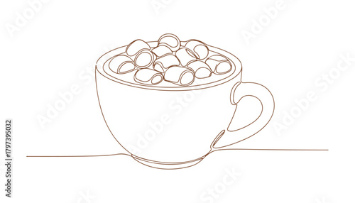 continuous line drawing of a snug cup filled with hot chocolate and marshmallows, ideal for winter drink inspirations. Vector illustration
