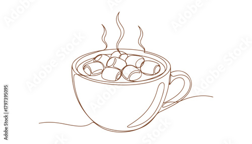 A continuous line drawing of a comfy cup brimming with hot chocolate and topped with marshmallows, perfect for winter drink ideas. Vector illustration

