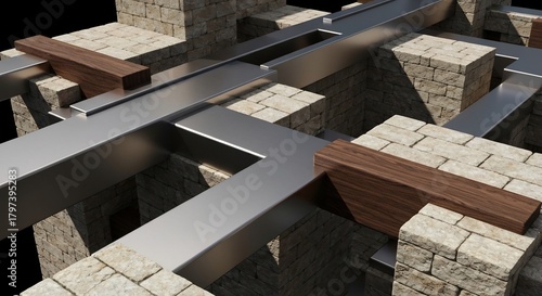 Fototapeta Naklejka Na Ścianę i Meble -  Closeup of interlocking metal beams and dark wood planks on light stone block structures under natural light