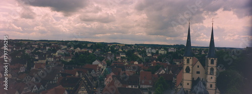 Panoramic Aerial View of Bad Wimpfen Old Town and Evangelische Stadtkirche at Dusk, Germany during 2000s