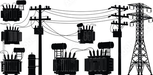 Silhouette vector illustration of electrical transformers, utility poles, and transmission tower—energy grid infrastructure layout for power distribution and engineering reference