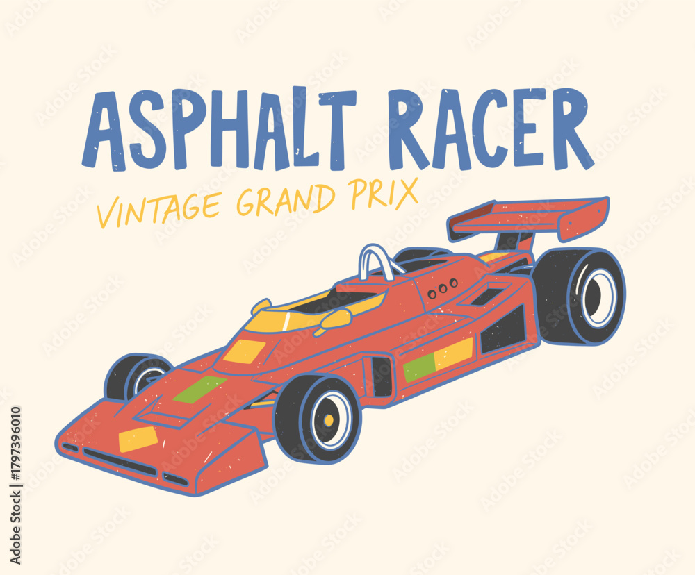 Obraz premium Vintage Race Car Vector.Retro Grand Prix Design.Asphalt Racer Illustration.Classic F1 Style Graphic.Distressed Open Wheeler