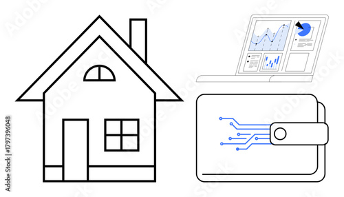 House with chimney, electronic wallet with circuit-themed design, and laptop displaying financial charts. Ideal for technology, finance, real estate, investment, fintech, smart living savings