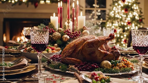 Decorated christmas dinner table with roasted turkey, festive candles, wine, and a glowing christmas tree for holiday celebration