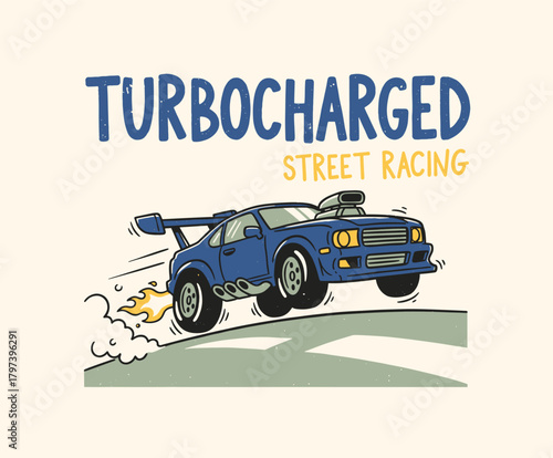 Turbocharged Street Racing.Retro Muscle Car Jump.Speed Demon Illustration.Vintage Drag Race Graphic.Hot Rod Vector Art