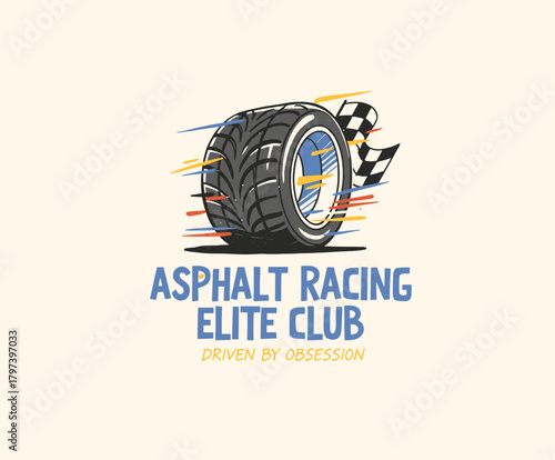 Racing tire speed logo.Motorsport vintage emblem.Retro speed badge graphic.Automotive race club print.Checkered flag tire design