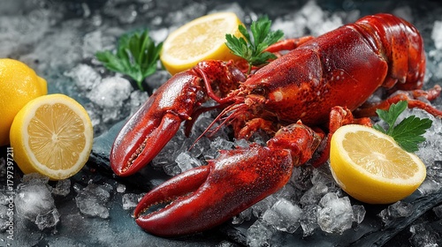 Boiled lobster arranged with lemon slices and ice cubes top down seafood presentation