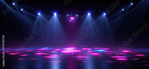 Neon disco floor mirrorball spotlight neon disco floor mirrorball spotlight disco floor mirrorball spotlight nightclub dancefloor neon light laser light dark background party scene retro 1980s