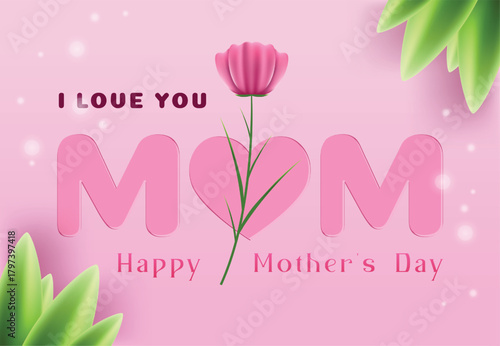 Happy Mother's Day Pink Card with Flower and 'MOM' Text