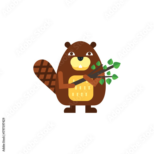 Charming cartoon beaver happily building its home