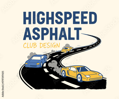 Retro Racing Club Design.High Speed Asphalt Vector.Vintage Sport Car T-shirt.Motorsport Street Race Art.Fast Car Drive Illustration
