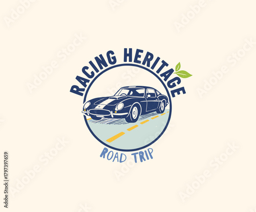 Vintage Car Racing Heritage Badge.Retro Sports Coupe Logo.Classic Road Trip Emblem.Automotive Vector Illustration.Hand drawn race car insignia