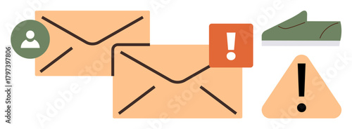 Envelopes with alert symbols, user profile icon, and exclamation mark triangle. Ideal for email warning, messaging issues, online notifications, security alerts, caution, user communication simple