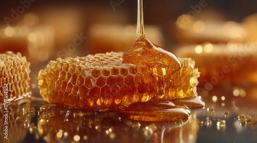 Artistic food photography with golden honey flowing from comb onto rustic surface