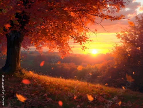 Vibrant autumn sunset paints the sky with fiery hues, casting a warm glow over a tree-lined hill as leaves gently fall, creating a breathtaking scene of seasonal beauty and tranquil nature.