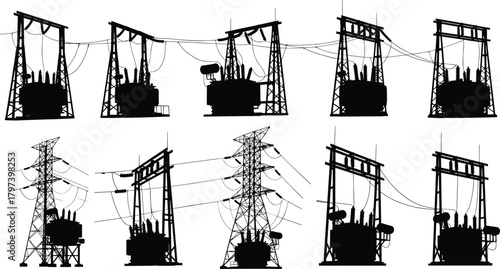 Silhouette vector illustration of electrical utility poles, transformers, and transmission towers—energy grid infrastructure layout for power distribution and engineering reference