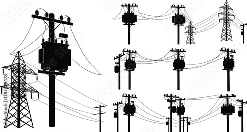 Silhouette vector illustration of electrical transformers, utility poles, and transmission towers—energy grid infrastructure layout for power distribution and engineering reference