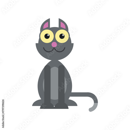 A cute gray cartoon cat sitting and staring forward with big yellow eyes in a flat design style