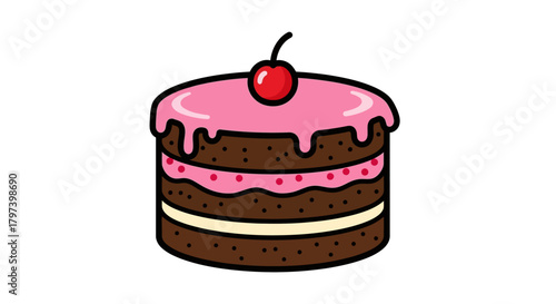 Delicious Chocolate Cake with Cherry and Pink Glaze Topping Illustration