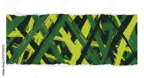 Abstract geometric pattern with bold green and yellow brushstrokes on a torn paper background